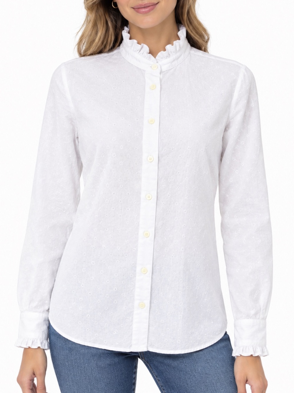 Barneys New York white high neck ruffle trim cotton button down dress shirt 40
